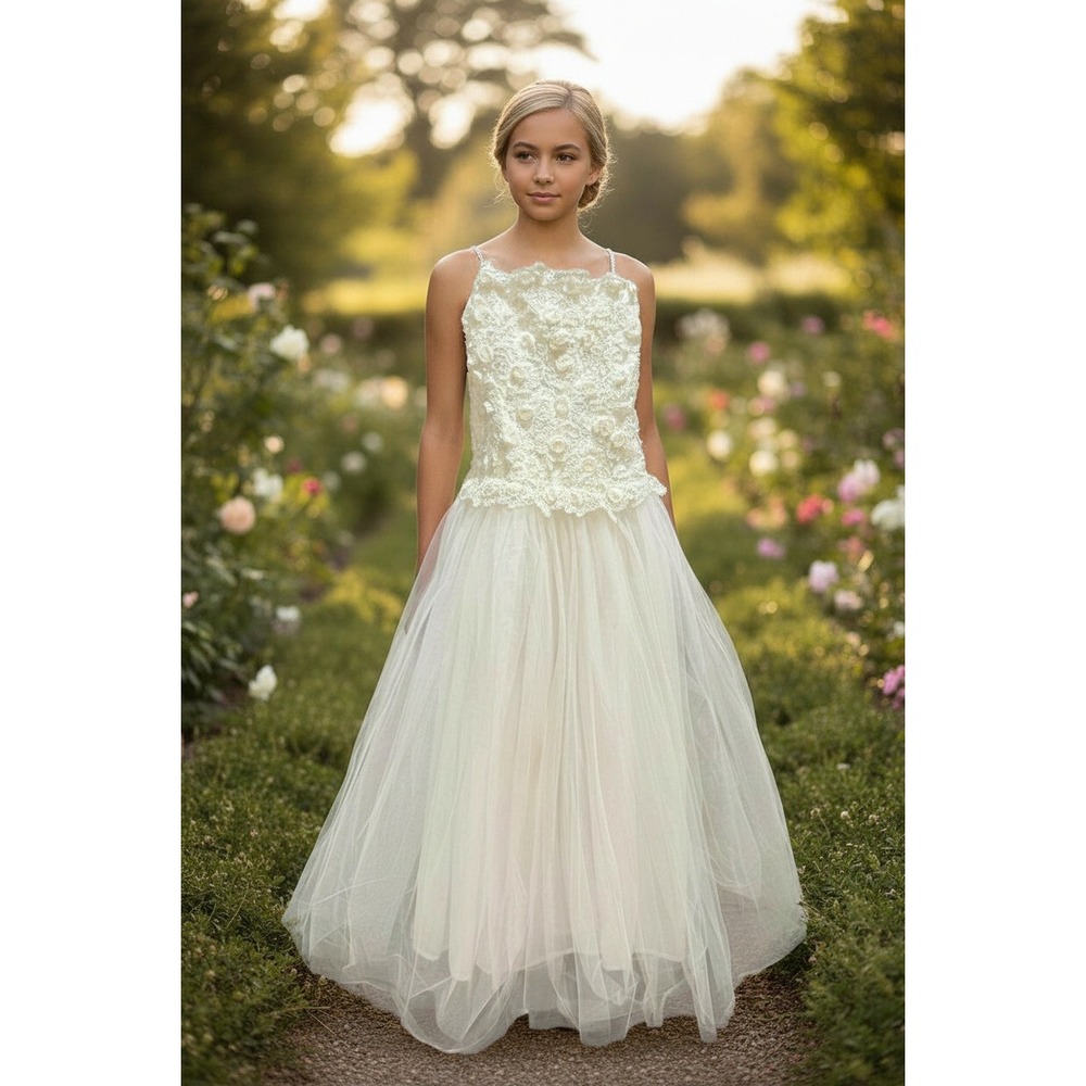 Junior Bride Flower Girl Dress Lace Tulle Rhinestone Straps Ivory Vintage Y2K